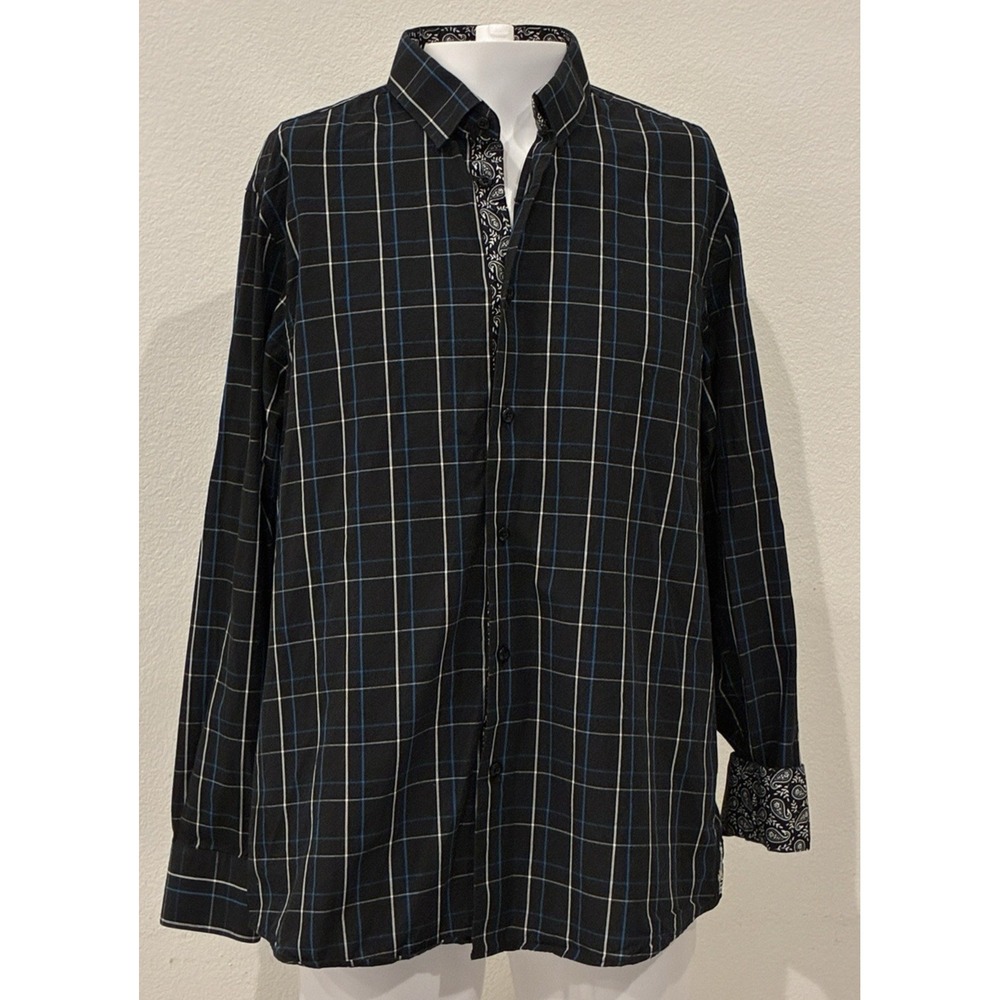 COOGI LUXE  Black Plaid Paisley Flip Cuff Long SleeveDress Shirt MENS XL 17.5 18